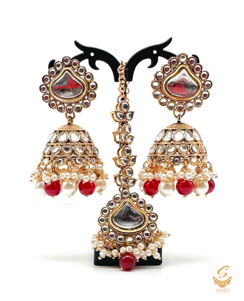 Maroon & White Pearls with kundan stone beautiful Jhumka with tikka set