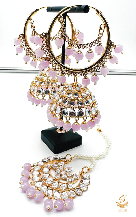 Pastel Lavender Pearls with Kundan stone beautiful jhumka balian with tikka