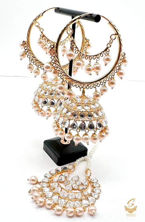 Golden Pearls with Kundan stone beautiful jhumka balian with tikka