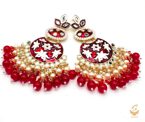Two shades of Maroon colour meenakari work with pearls & Kundan Earrings