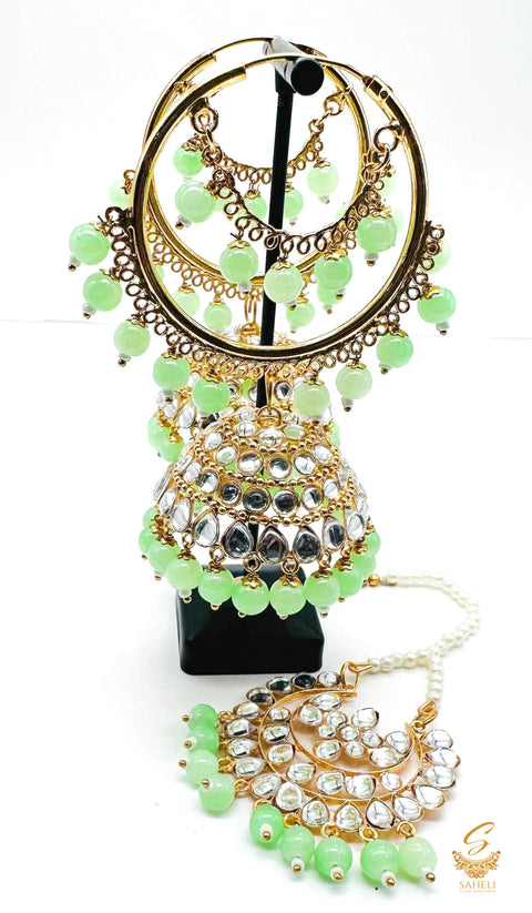 Pastel lime green Pearls with Kundan stone beautiful jhumka balian with tikka