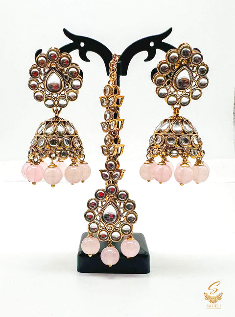 Pastel Pink Pearls with kundan stone beautiful Jhumka with tikka set