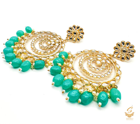Seagreen Pearls with kundan stone chandbali earrings