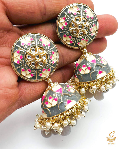 Grey colour kundan stone with pearls work beautiful meenakari Jhumka