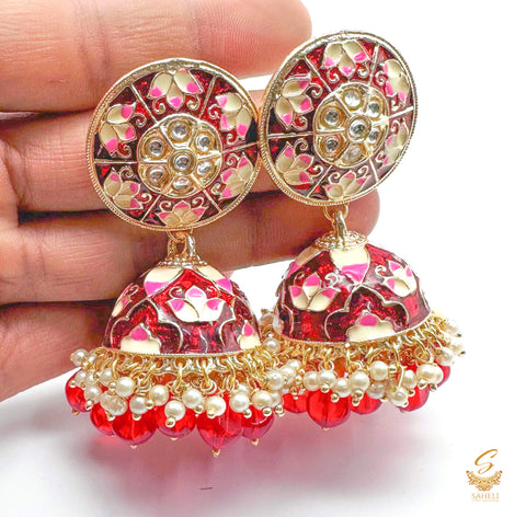 Dark Maroon colour kundan stone with pearls work beautiful meenakari Jhumka