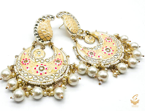 Cream Golden colour meenakari work with pearls & Kundan Earrings