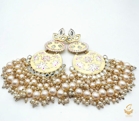 Two shades of golden colour meenakari work with pearls & Kundan Earrings