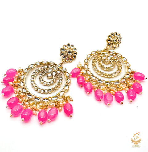 Electric Pink Pearls with kundan stone chandbali earrings