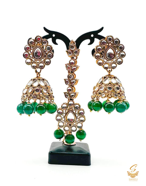 Deep Green Pearls with kundan stone beautiful Jhumka with tikka set
