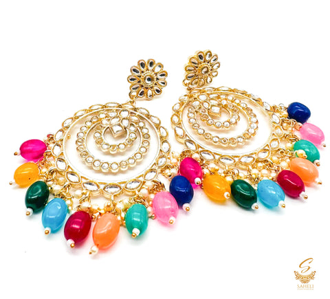 Multicoloured Pearls with kundan stone chandbali earrings