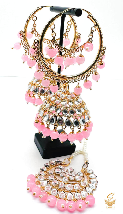 Pastel Pink Pearls with Kundan stone beautiful jhumka balian with tikka