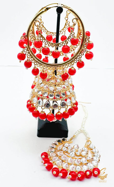 Cherry Red Pearls with Kundan stone beautiful jhumka balian with tikka