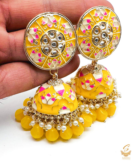 Bright Yellow colour kundan stone with pearls work beautiful meenakari Jhumka