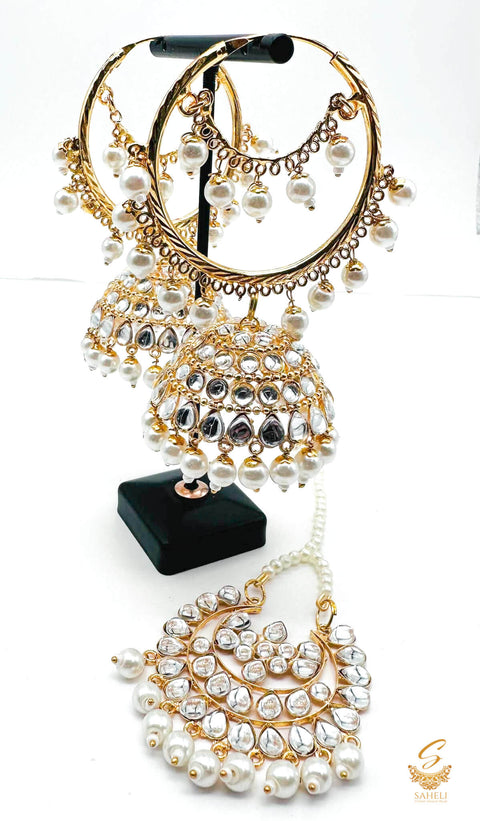 White Pearls with Kundan stone beautiful jhumka balian with tikka