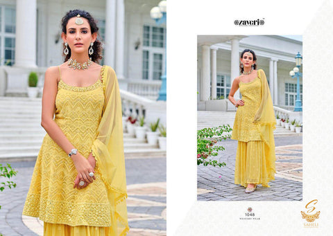 Size 44(Upto 46) Fully Stitched Lemon Yellow Colour Chiffon Based All Over Embroidery Work Flared Kameez & Pure georgette sharara with netting based embroidery Work heavy Dupatta