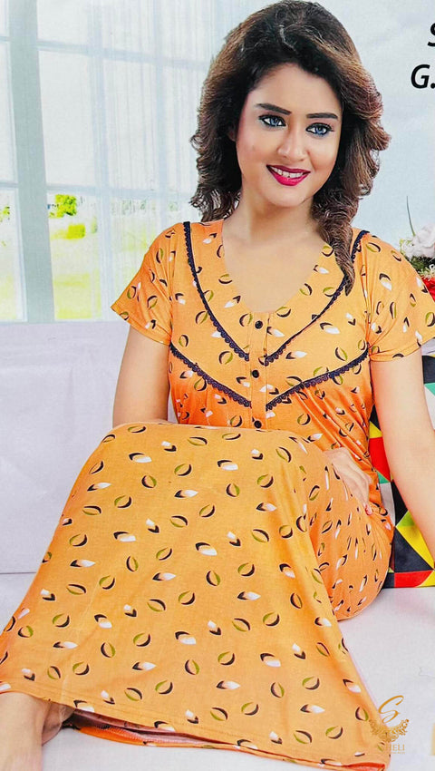 Cotton Lycra based Printed fabric(stretchable) women's nighty (size 44-46) Length-55 inch (Front button open)