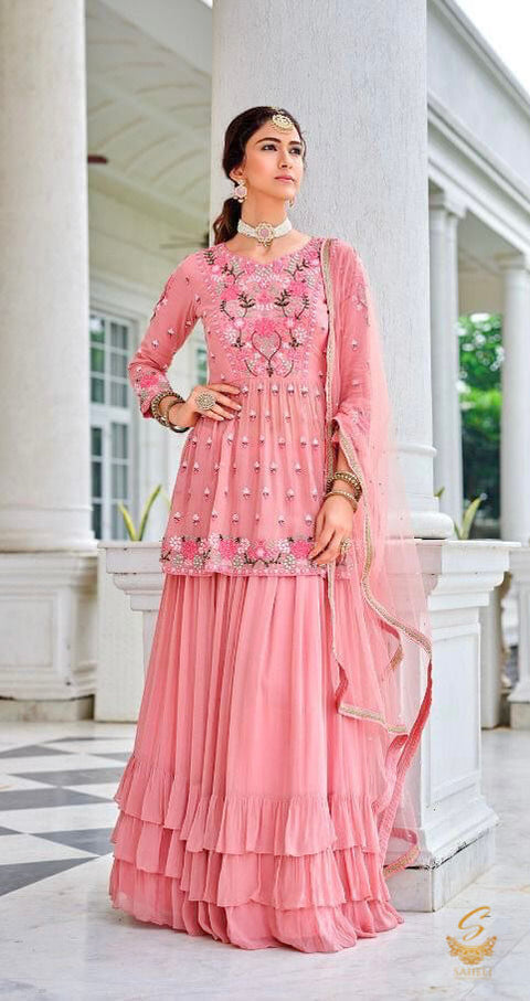 Size 44(Upto 46) Fully Stitched Flamingo Colour Chiffon Based All Over Embroidery & Sequined Work Flared Kameez & Pure georgette Sharara with netting based embroidery Work heavy Dupatta