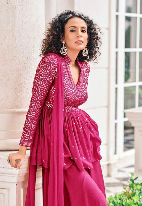 Size 44(Upto 46) Fully Stitched Burgundy Colour Chiffon Based All Over sequined Work Flared Kameez & Pure georgette sharara with netting based embroidery Work heavy Dupatta