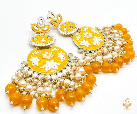 Two shades of Mustard colour meenakari work with pearls & Kundan Earrings