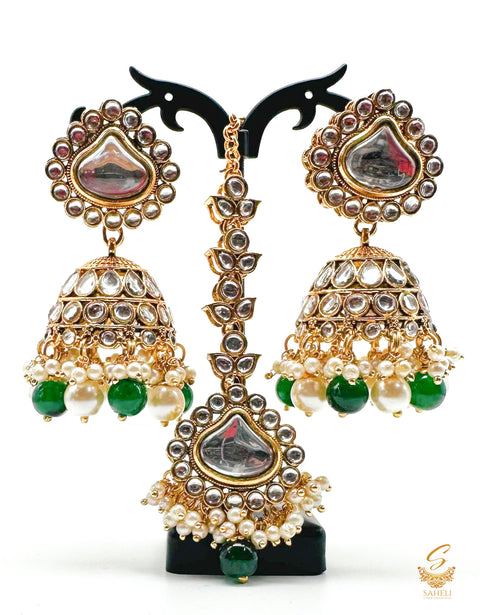Bottle Green & White Pearls with kundan stone beautiful Jhumka with tikka set