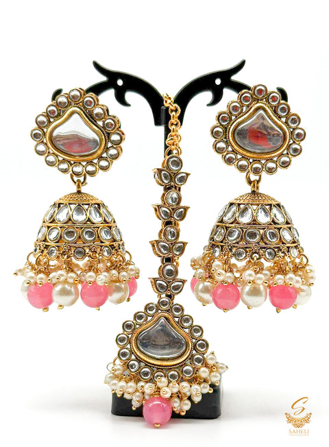 Fuscia Pink & White Pearls with kundan stone beautiful Jhumka with tikka set