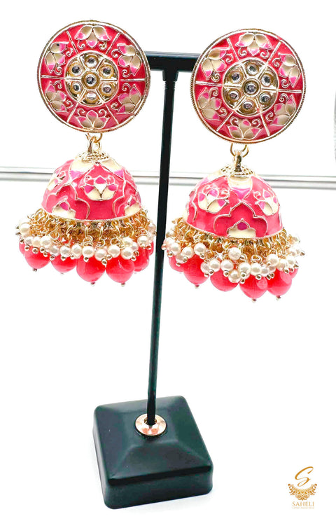 Peachy Pink colour kundan stone with pearls work beautiful meenakari Jhumka