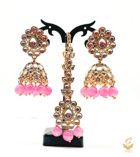 Pink Pearls with kundan stone beautiful Jhumka with tikka set