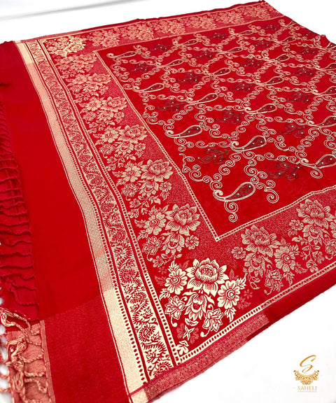 Red colour pure woolen embroidery & Stone work shawl