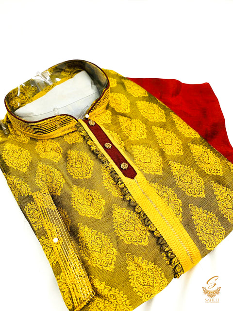 Mustard colour brocade silk design kurta with pajama pents