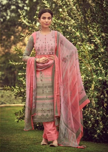 lite pink & green colour Pure Original Jam Satin Print with embroidery Bottom - Pure cotton dyed ,DUPATTA:- PURE NAZNEEN CHIFFON