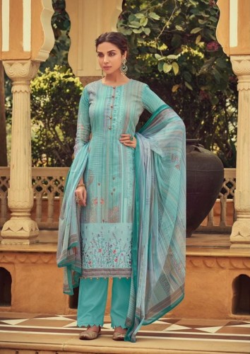 Sky blue colour Pure Original Jam Satin Print with embroidery Bottom - Pure cotton dyed ,DUPATTA:- PURE NAZNEEN CHIFFON