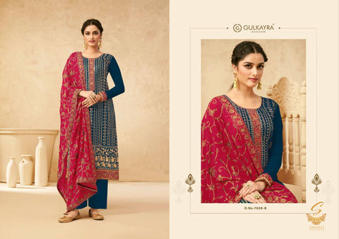Size 42 (upto 44) Fully stitched Teal Blue Colour georgette based all over embroidery work with sequined Kameez with dull santoon Plazo pent And heavy embroidery work maroon colour