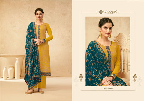 Size 42 (upto 44) Fully stitched Mustard Colour georgette based all over embroidery work with sequined Kameez with dull santoon Plazo pent And heavy embroidery work teal colour