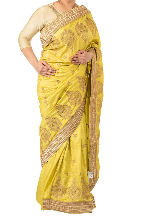 Yellow Plain Silk saree with golden work