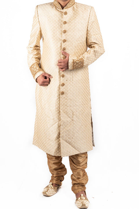 Beige Raw Silk Embroidered with thread work Sherwani