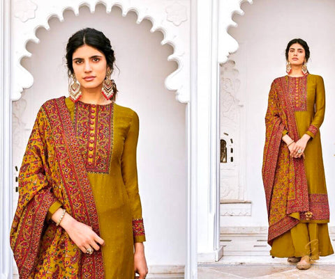 Size 42(Upto 44) Fully Stitched Fawn Gold Colour silk  Based All Over Embroidery Work Kameez And Plazo With pure chiffon Based Heavy embroidery jaal Work Dupatta