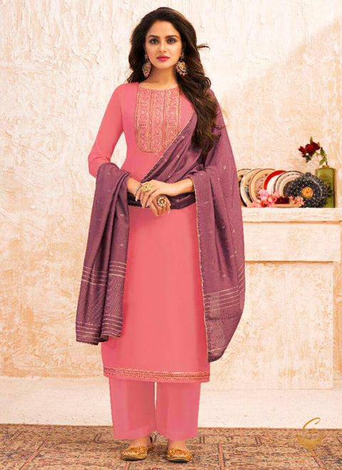 Size 44(upto 46) Fully Stitched Mauve Pink Colour Jaam Silk based with Heavy Embroidery Work Kameez With Jam Silk Plazo Pent And Pure Viscos side piping border beautiful Mauve pink colour Dupatta