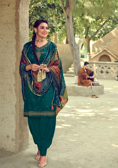 teal green Colour cotton Embroidered Kameez With Santoon Based Salwar &contrast printed Dupatta