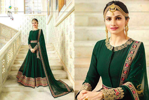 Size 42 (Upto 44) Fully Stitched Bottle Green Colour Pure Georgette Based All Over Embroidery Work Anarkali Kameez And chiffon Dupatta with embroidered  border
