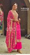 Fully stitched dark electric hot pink colour Blooming Georgette based heavy embroidered kameez and circular plazo with heavy embroidered jaal dupatta size 44-46(can be altered anysize below 46)