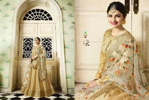 Size 46(Upto 48) Fully Stitched Golden Colour silk Based All Over Embroidery Work Anarkali Kameez And embroidered work all over on netting dupatta